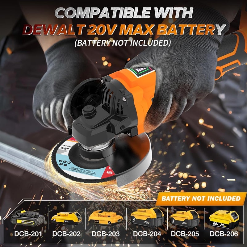 OUBA Cordless Angle Grinder Power Tools, Compatible with Dewalt 20V Max Battery Grinder Tool, Brushless Motor with LED, 3 Variable Speed, 4-1/2" Cutting Whee, Flap Disc Grinding (No Battery), Orange - Image 4